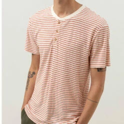 Rhythm Mens Linen Vintage Stripe S/S T Shirt - Spice -Volcom Sales 0053 0422M CT04 LINEN STRIPE SS HENLEY 1