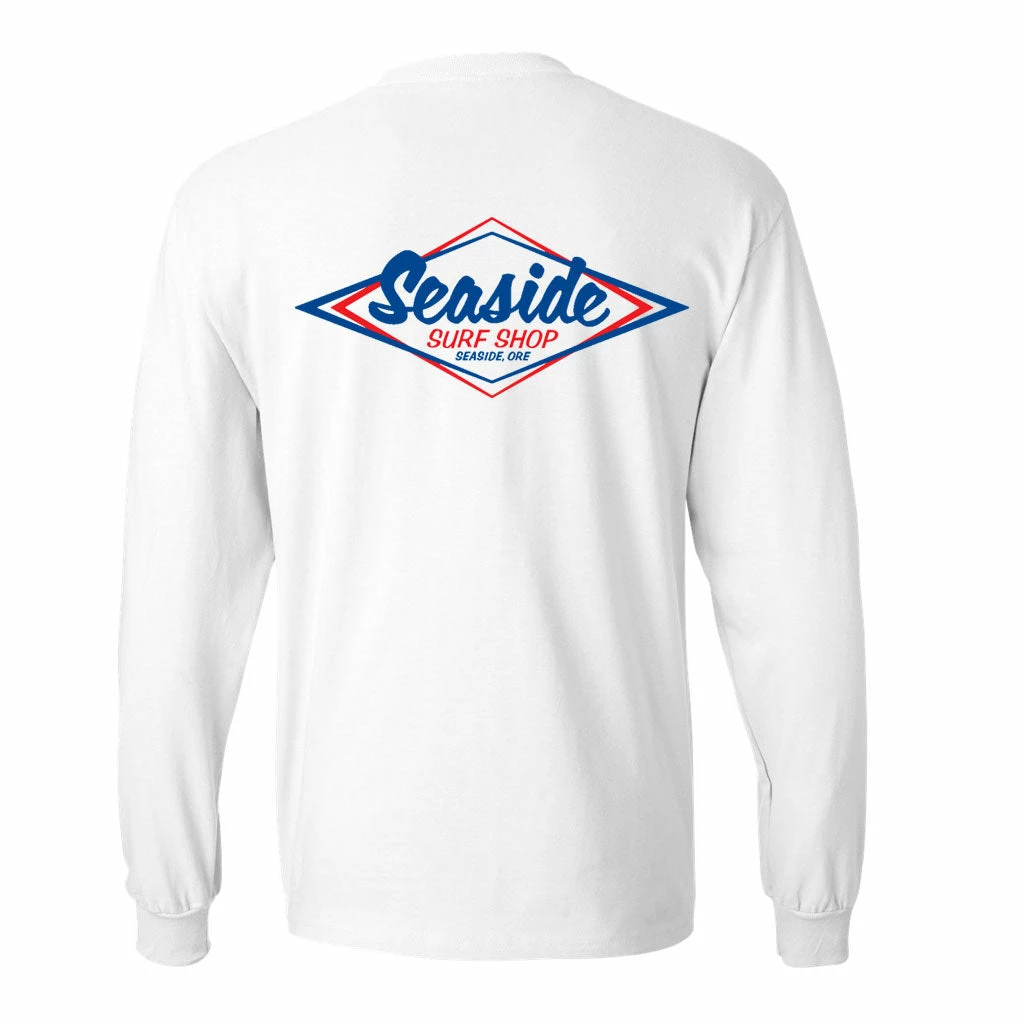 Seaside Surf Shop Mens Vintage Logo L/S Tee - White/Blue Red 3 Seaside Surf Shop Mens Vintage Logo L/S Tee - White/Blue Red