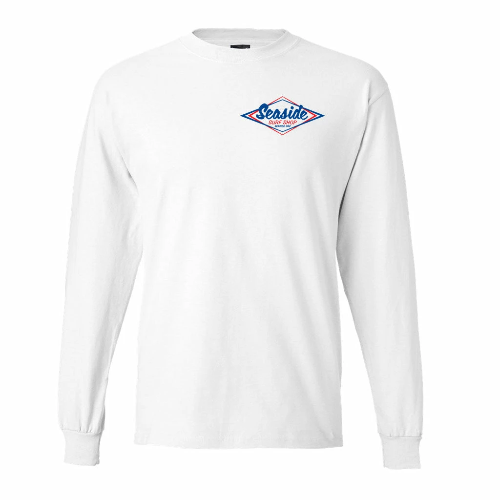 Seaside Surf Shop Mens Vintage Logo L/S Tee - White/Blue Red 4 Seaside Surf Shop Mens Vintage Logo L/S Tee - White/Blue Red - Image 2